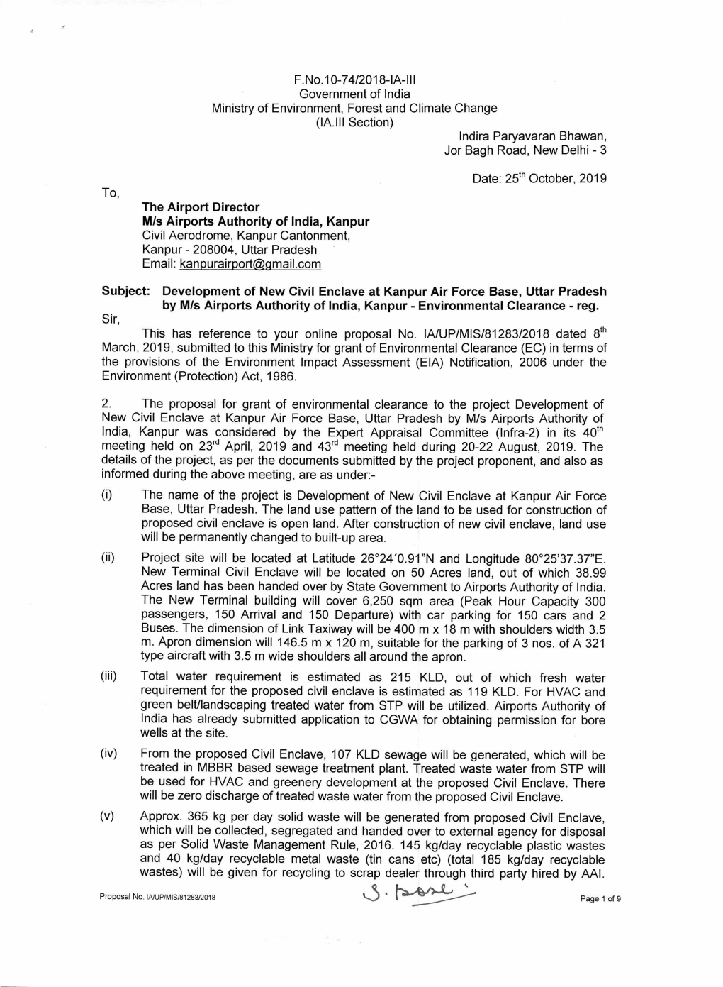 F.No.10-74/2018-1A-III Government of India Ministry of Environment, Forest and Climate Change (IA.111 Section) Indira Paryavaran Bhawan, Jor Bagh Road, New Delhi - 3