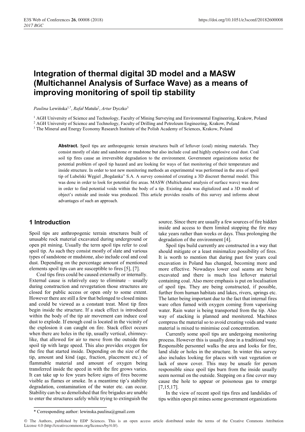 Integration of Thermal Digital 3D Model and a MASW (Multichannel Analysis of Surface Wave) As a Means of Improving Monitoring of Spoil Tip Stability