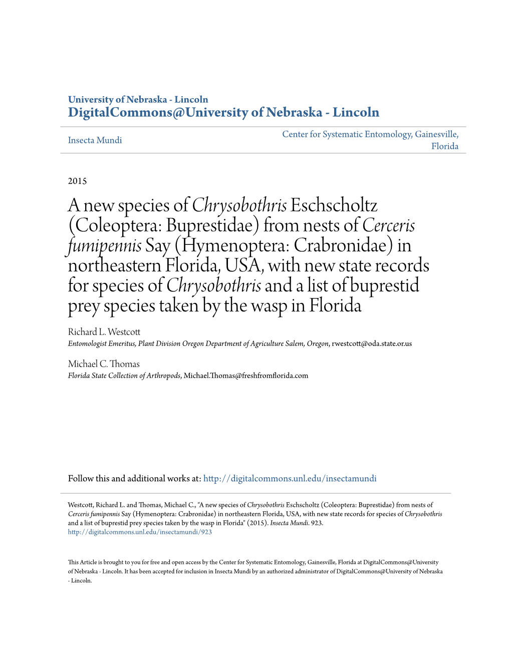 A New Species of Chrysobothris Eschscholtz (Coleoptera: Buprestidae)