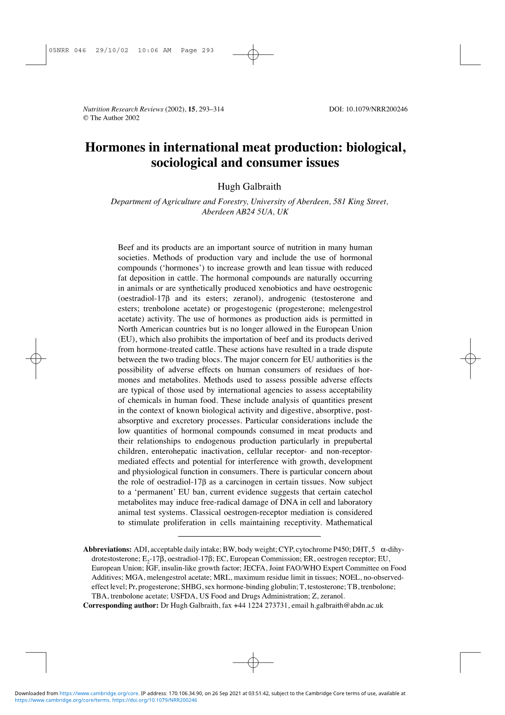 Hormones in International Meat Production: Biological, Sociological and Consumer Issues