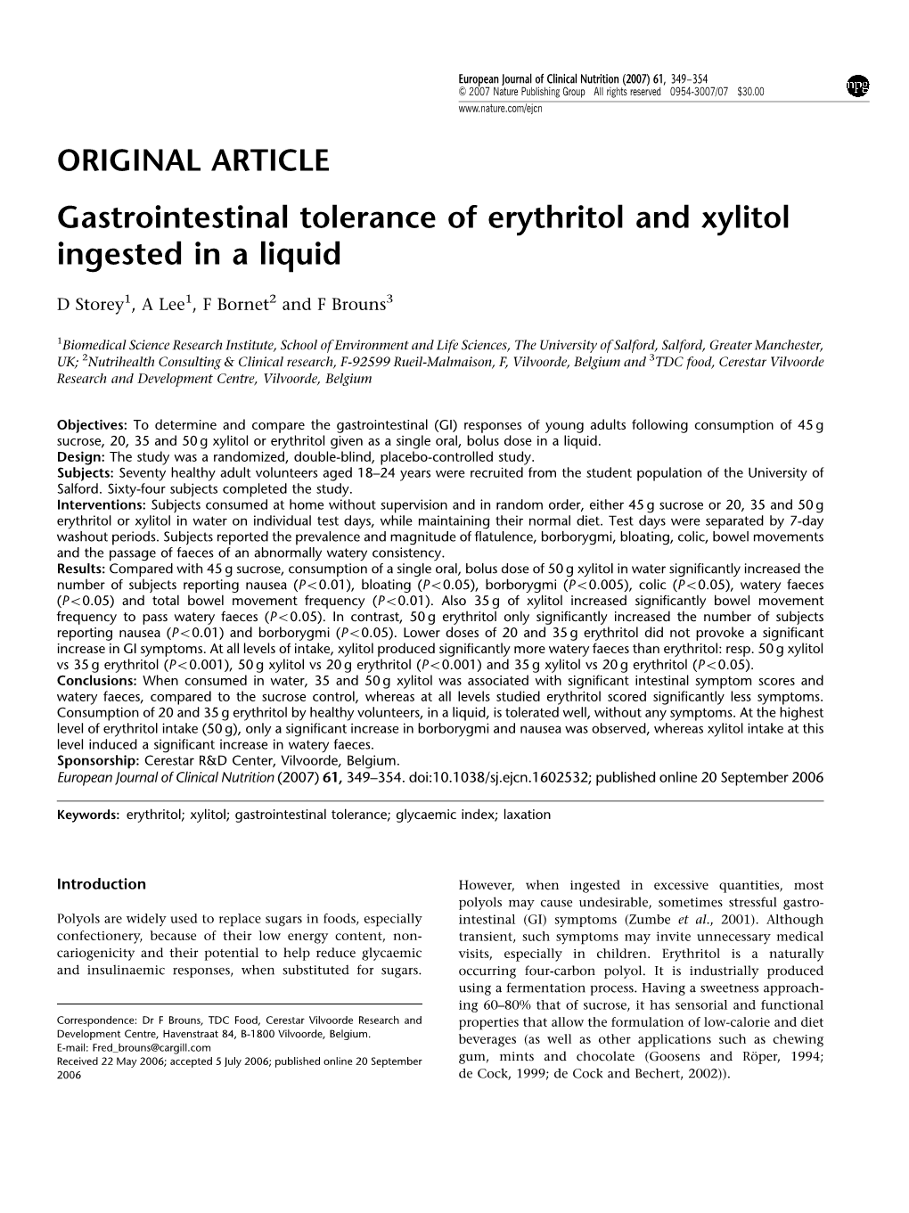 Gastrointestinal Tolerance of Erythritol and Xylitol Ingested in a Liquid