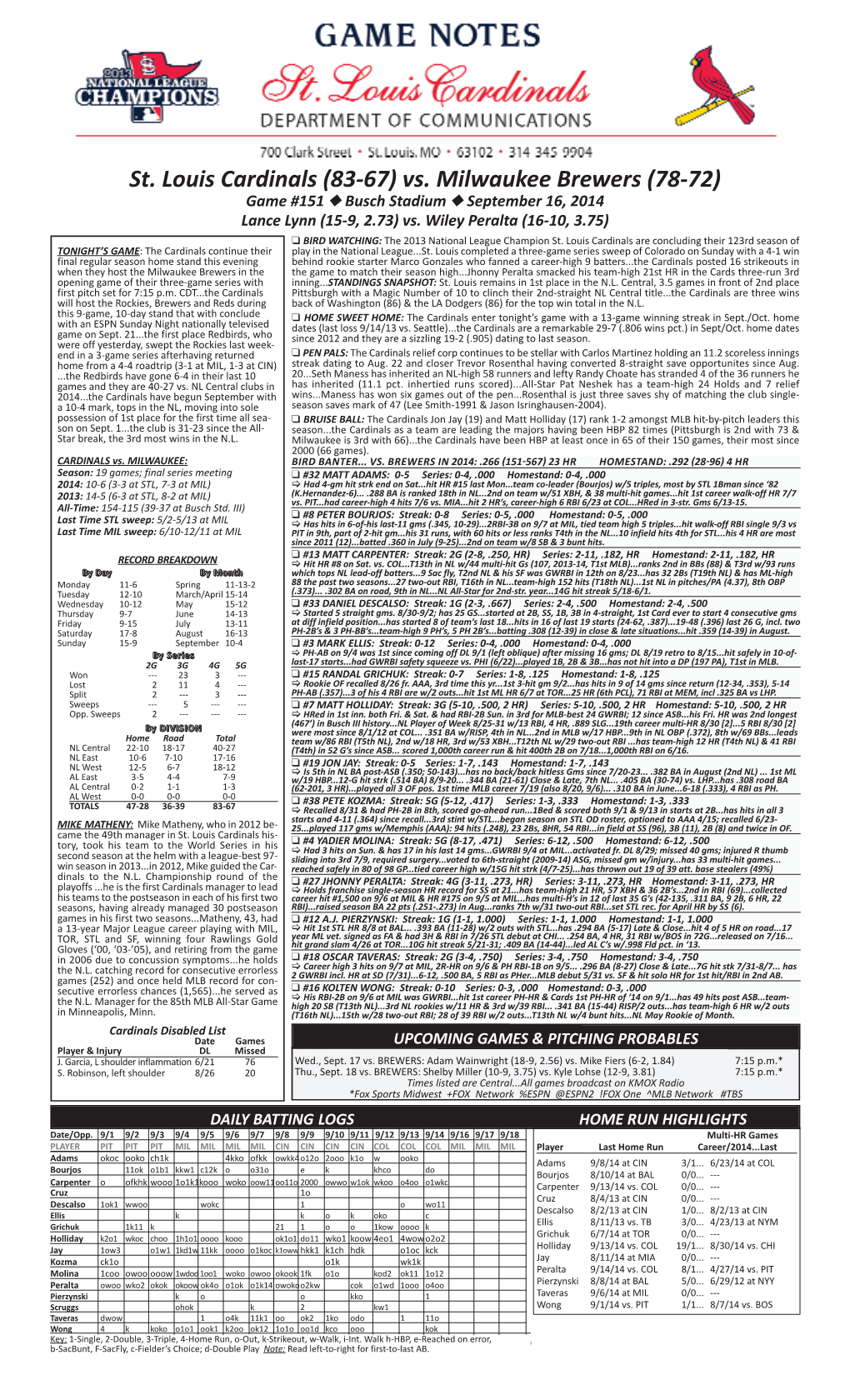 Vs. Milwaukee Brewers (78-72) Game #151 N Busch Stadium N September 16, 2014 Lance Lynn (15-9, 2.73) Vs