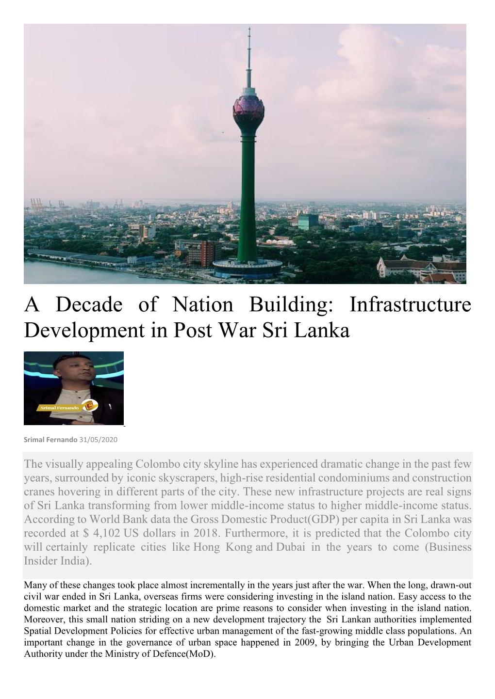 Infrastructure Development in Post War Sri Lanka