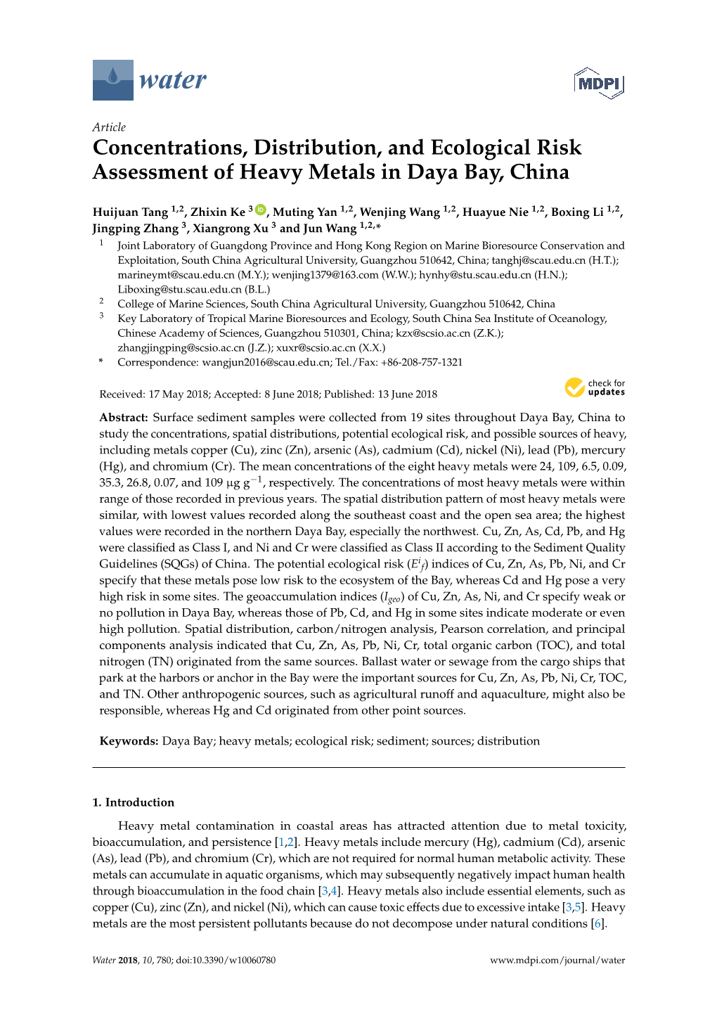 Concentrations, Distribution, and Ecological Risk Assessment of Heavy Metals in Daya Bay, China