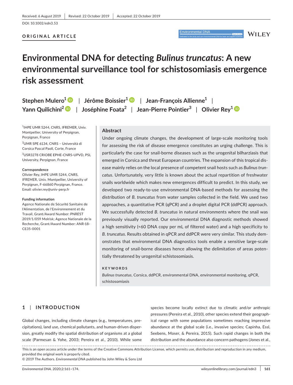 Environmental DNA for Detecting Bulinus Truncatus: a New Environmental Surveillance Tool for Schistosomiasis Emergence Risk Assessment