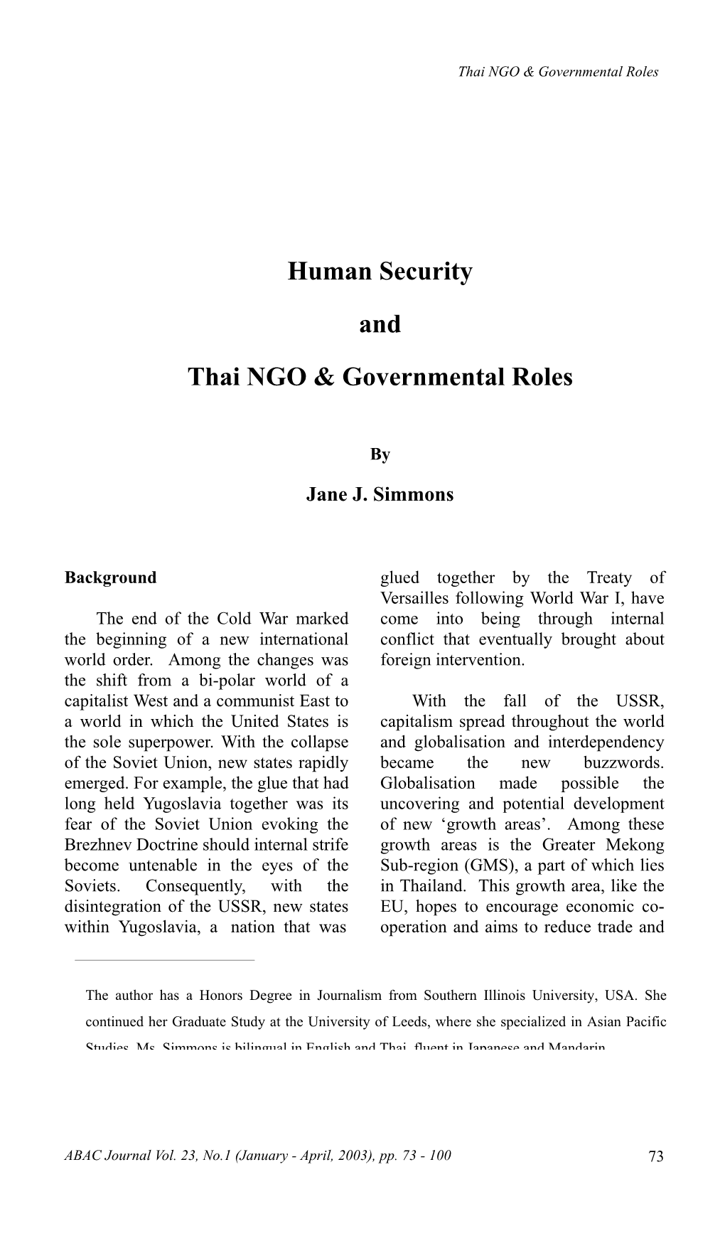 Human Security and Thai NGO & Governmental Roles