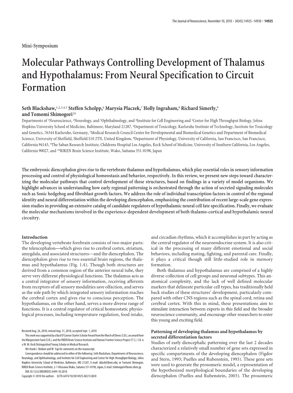 Molecular Pathways Controlling Development of Thalamus and Hypothalamus: from Neural Specification to Circuit Formation