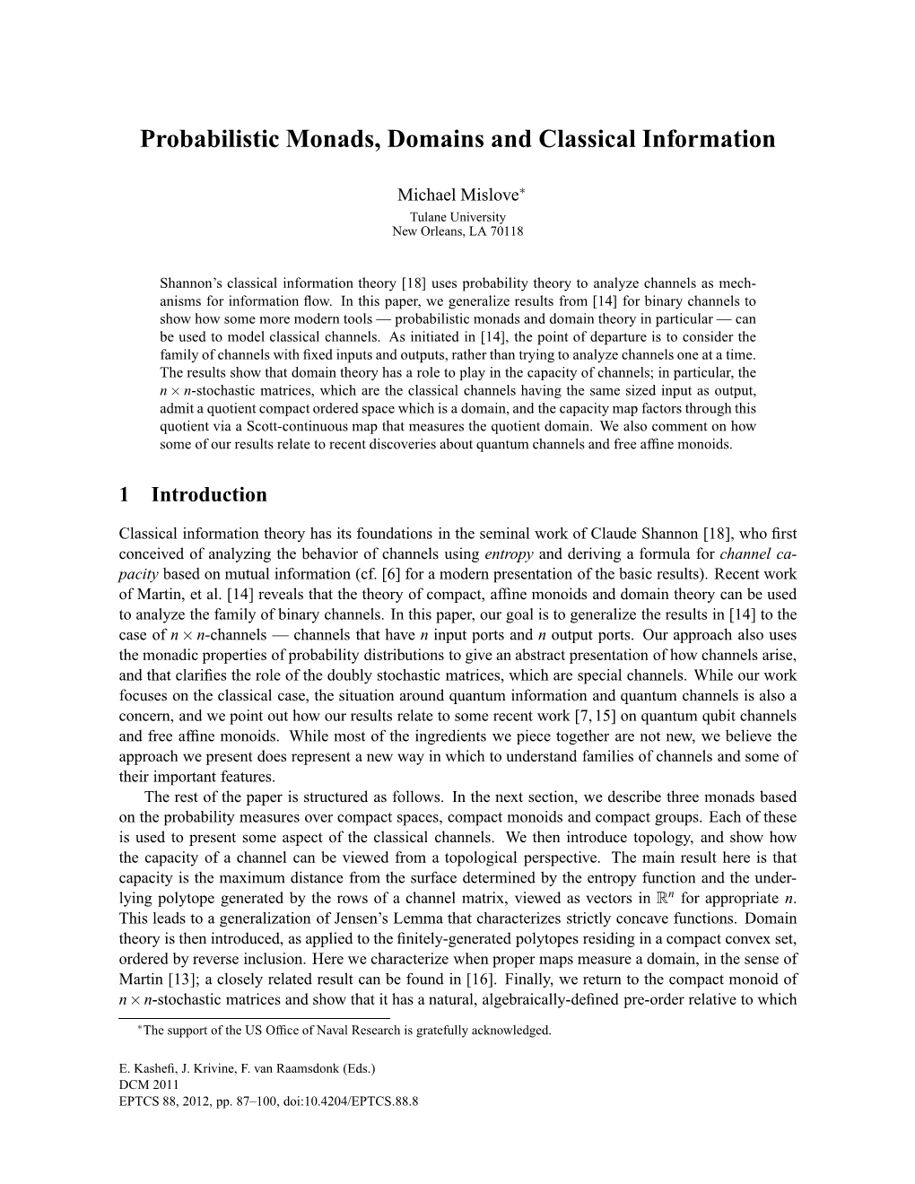 Probabilistic Monads, Domains and Classical Information