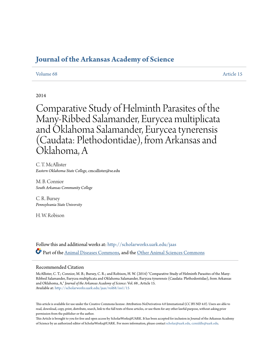 Comparative Study of Helminth Parasites of the Many-Ribbed Salamander, Eurycea Multiplicata and Oklahoma Salamander, Eurycea