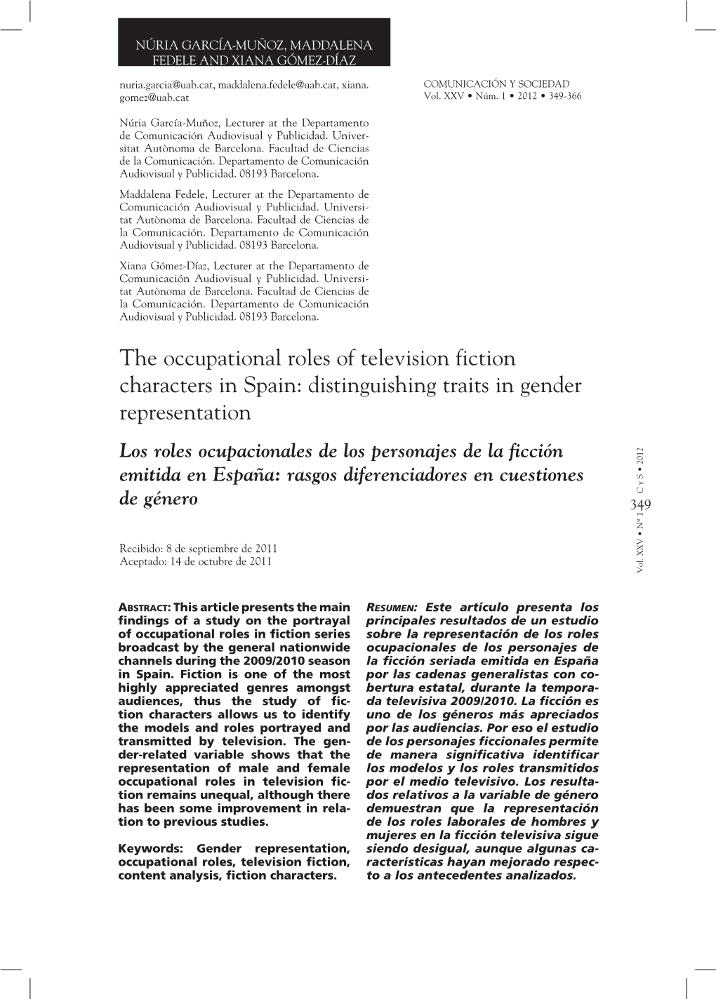 The Occupational Roles of Television Fiction Characters in Spain: Distinguishing Traits In