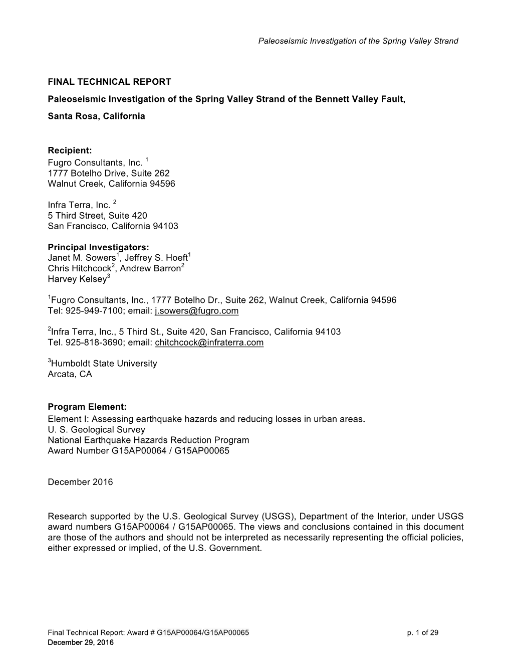 FINAL TECHNICAL REPORT Paleoseismic Investigation of the Spring Valley Strand of the Bennett Valley Fault, Santa Rosa, California
