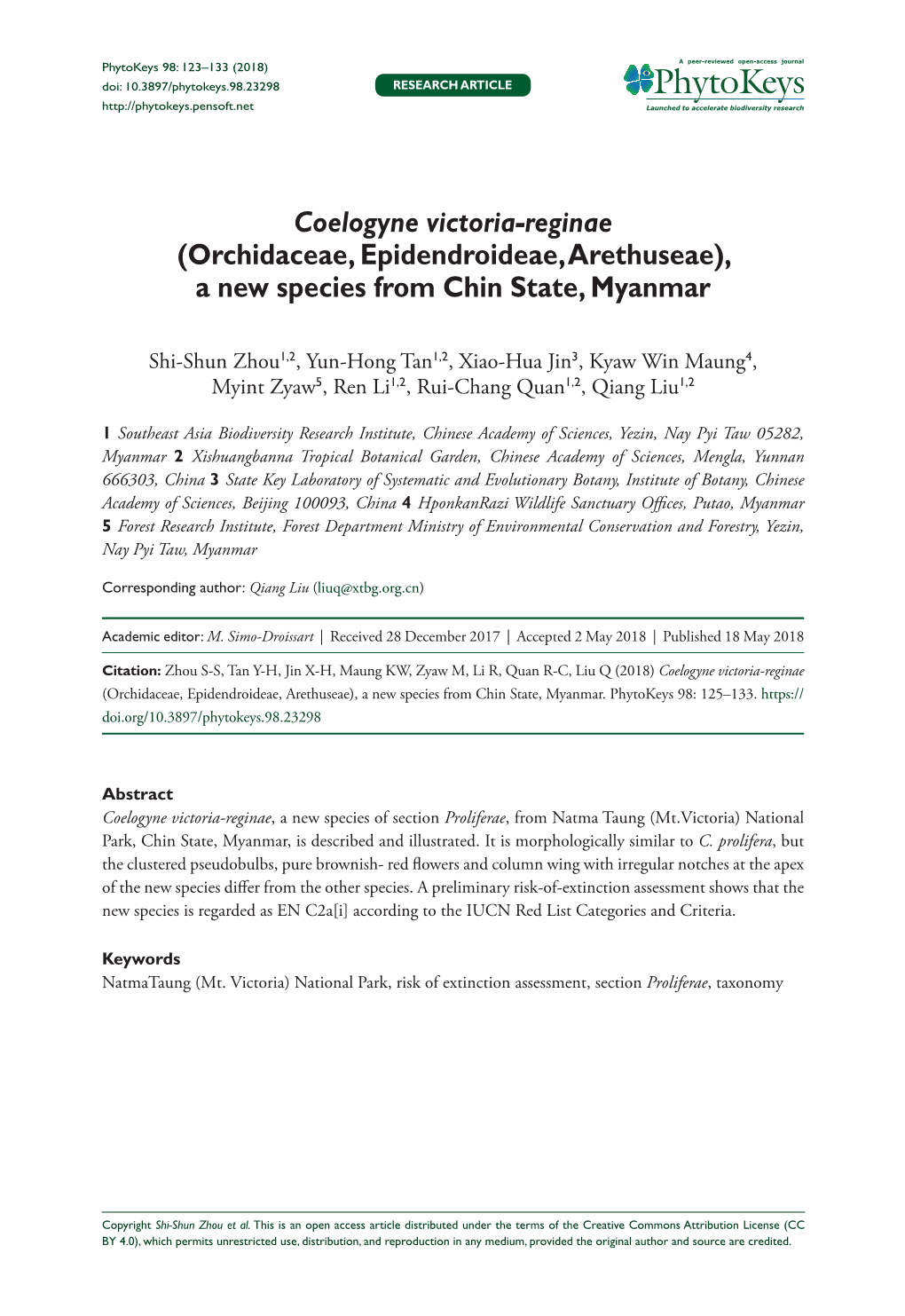 Coelogyne Victoria-Reginae (Orchidaceae, Epidendroideae, Arethuseae), a New Species from Chin State, Myanmar