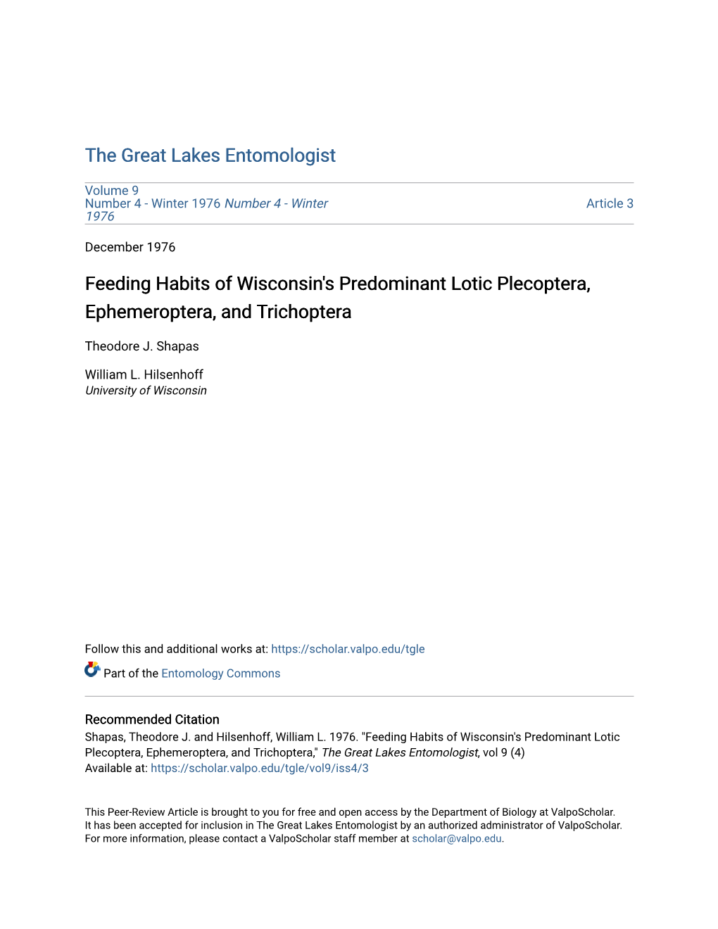 Feeding Habits of Wisconsin's Predominant Lotic Plecoptera, Ephemeroptera, and Trichoptera