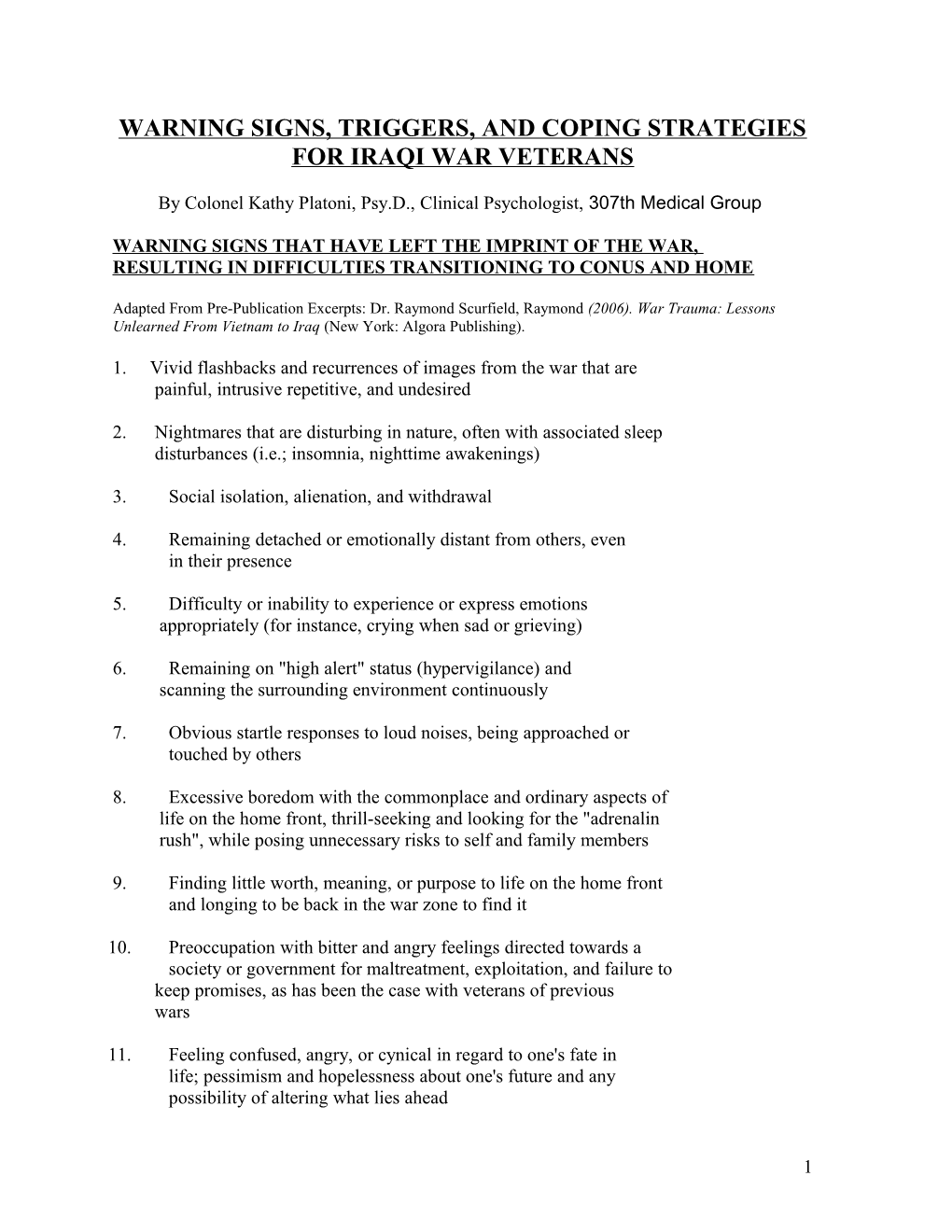 Warning Signs, Triggers, and Coping Strategies for Iraqi War Veterans