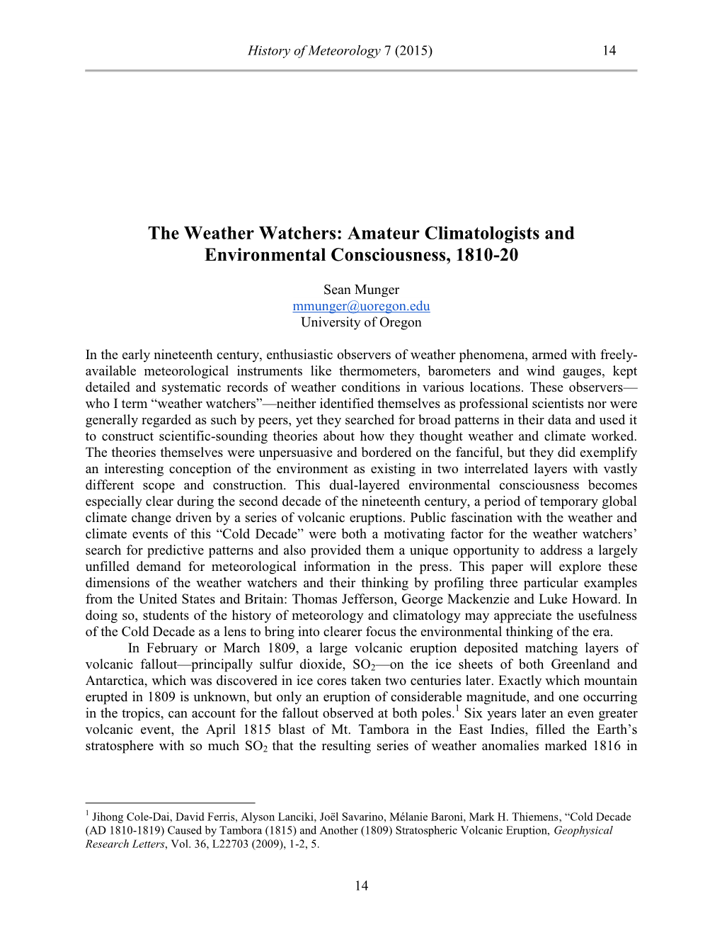 The Weather Watchers: Amateur Climatologists and Environmental Consciousness, 1810-20