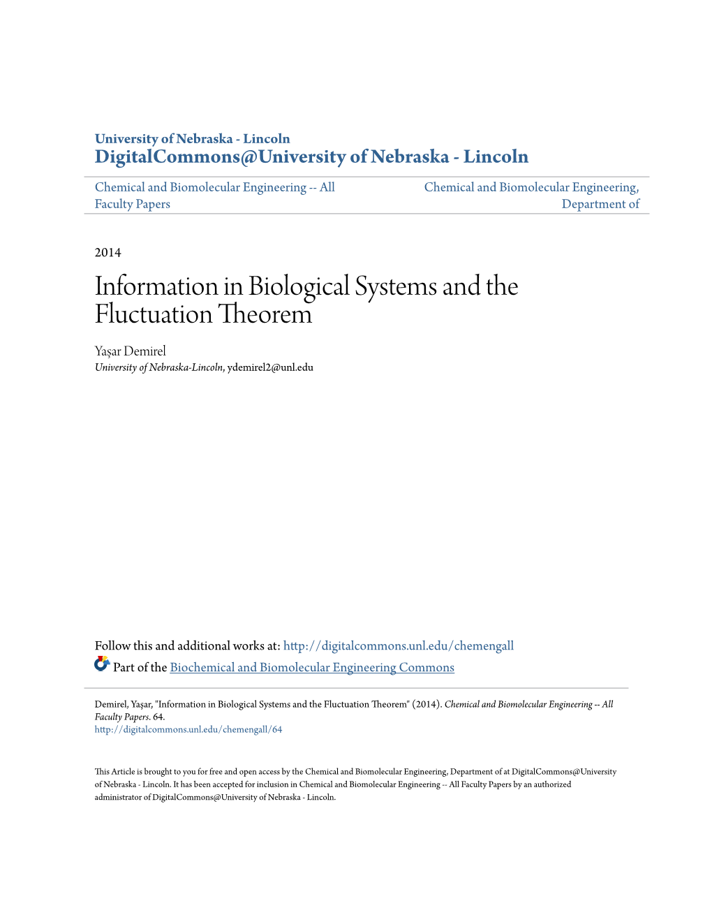 Information in Biological Systems and the Fluctuation Theorem Yaşar Demirel University of Nebraska-Lincoln, Ydemirel2@Unl.Edu