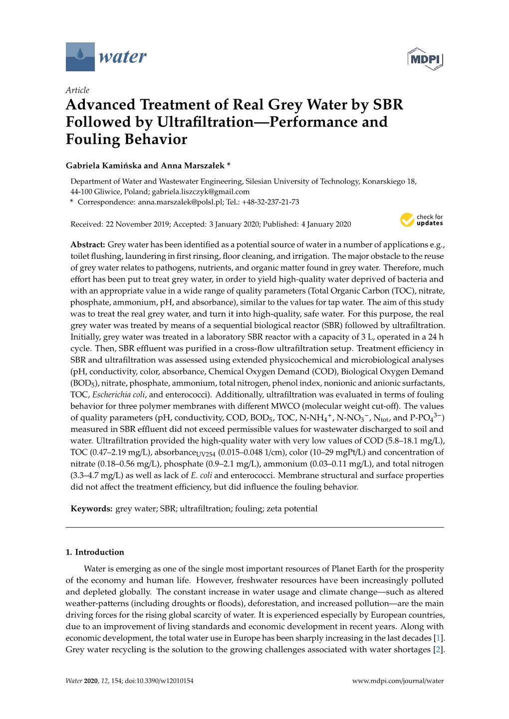 Advanced Treatment of Real Grey Water by SBR Followed by Ultrafiltration—Performance and Fouling Behavior