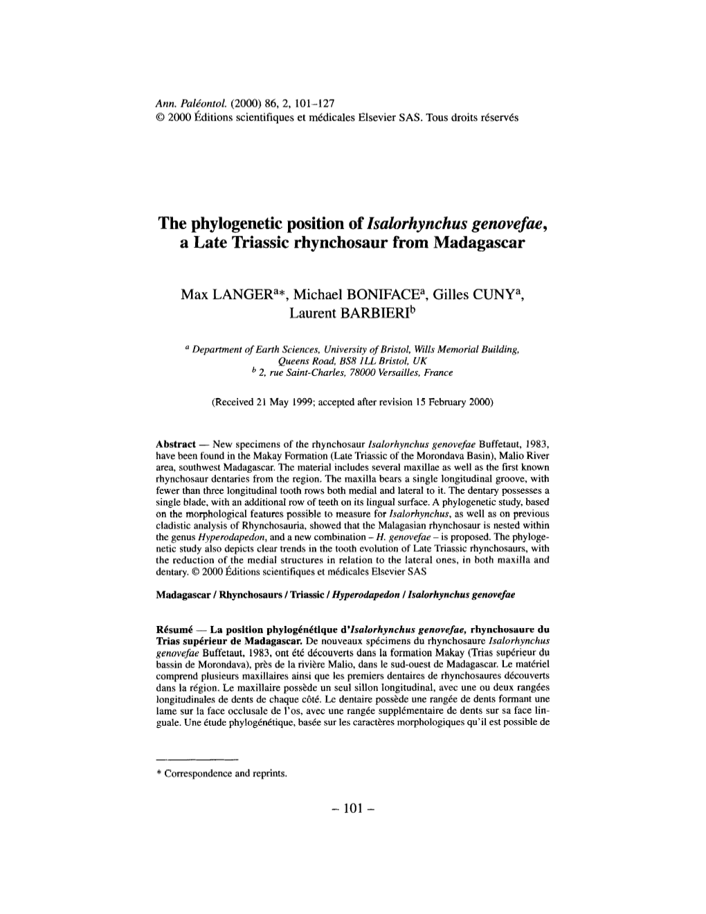 The Phylogenetic Position of Isalorhynchus Genovefae, a Late Triassic Rhynchosaur from Madagascar