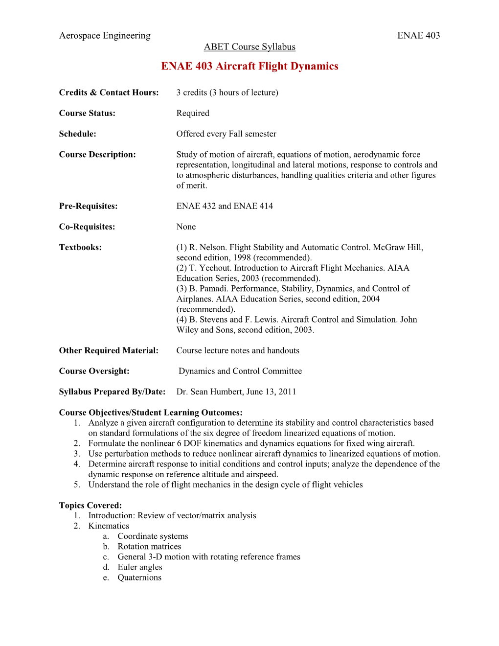 ENAE 403 Aircraft Flight Dynamics