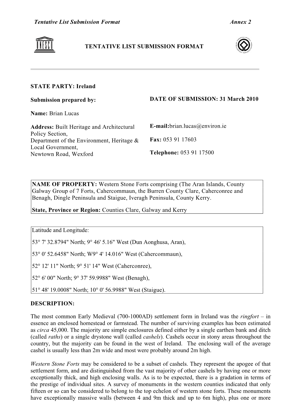 Western Stone Forts Tentative List Submission Format