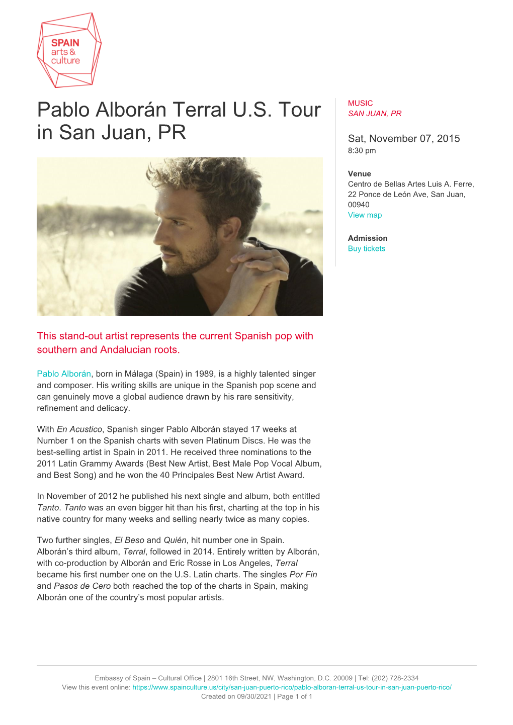 Pablo Alborán Terral U.S. Tour in San Juan, PR