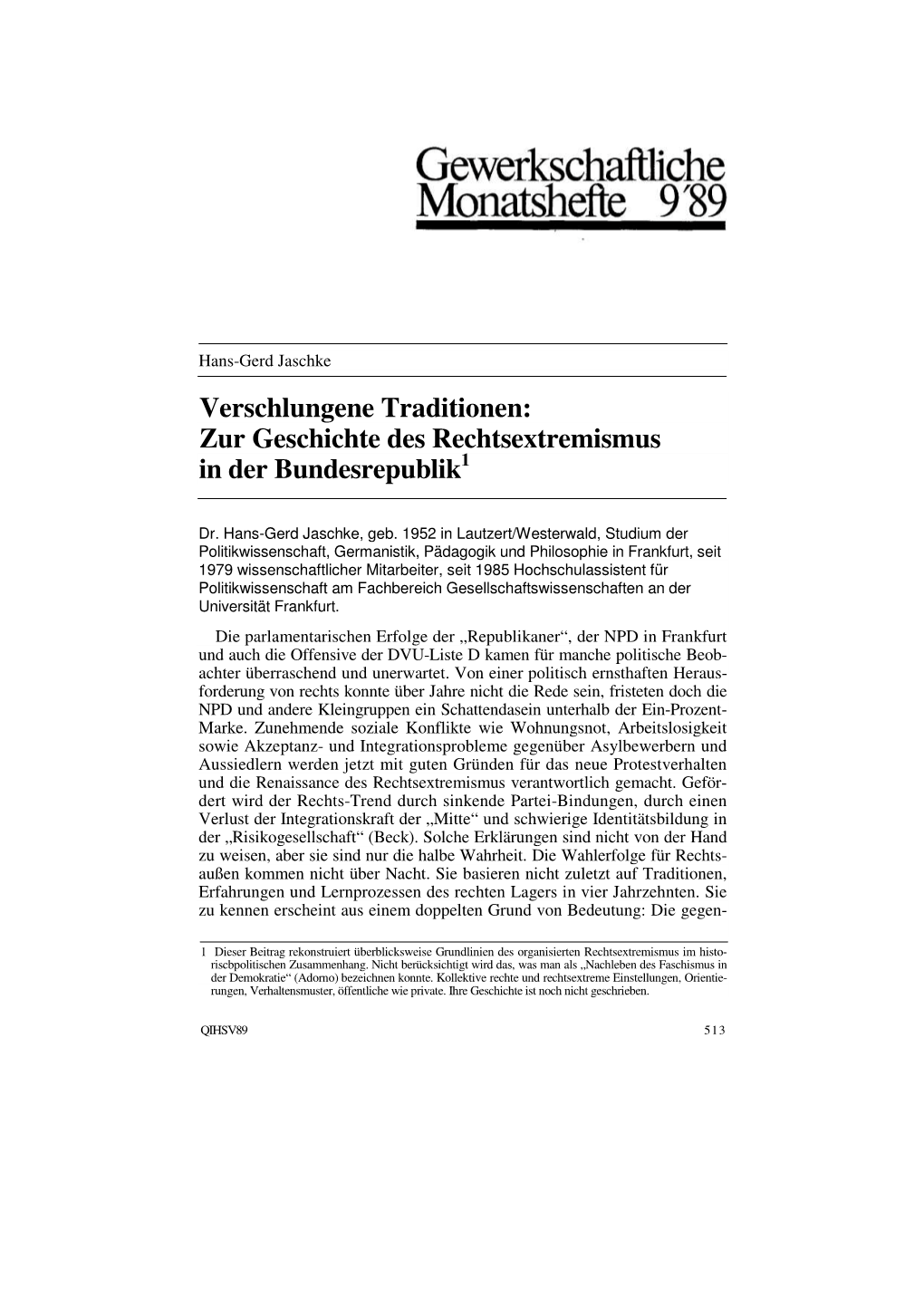 Verschlungene Traditionen: Zur Geschichte Des Rechtsextremismus in Der Bundesrepublik1