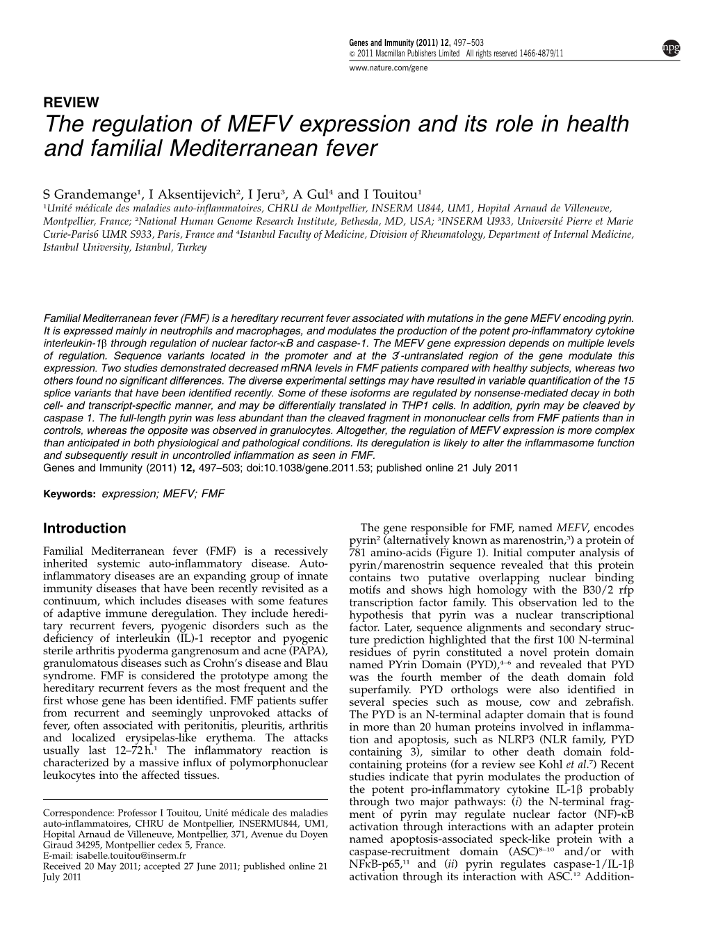 The Regulation of MEFV Expression and Its Role in Health and Familial Mediterranean Fever