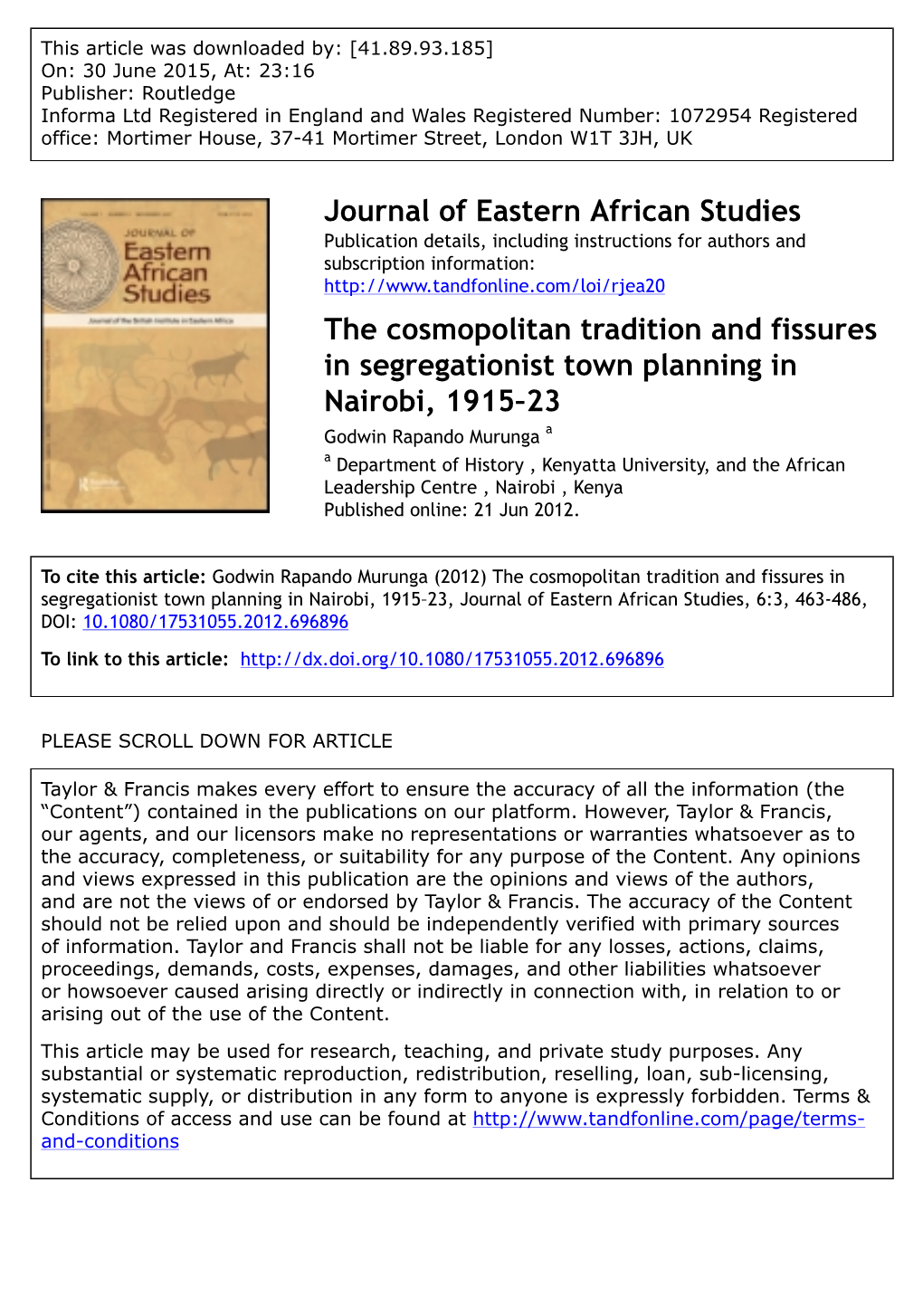 Journal of Eastern African Studies the Cosmopolitan Tradition and Fissures in Segregationist Town Planning in Nairobi, 1915–23