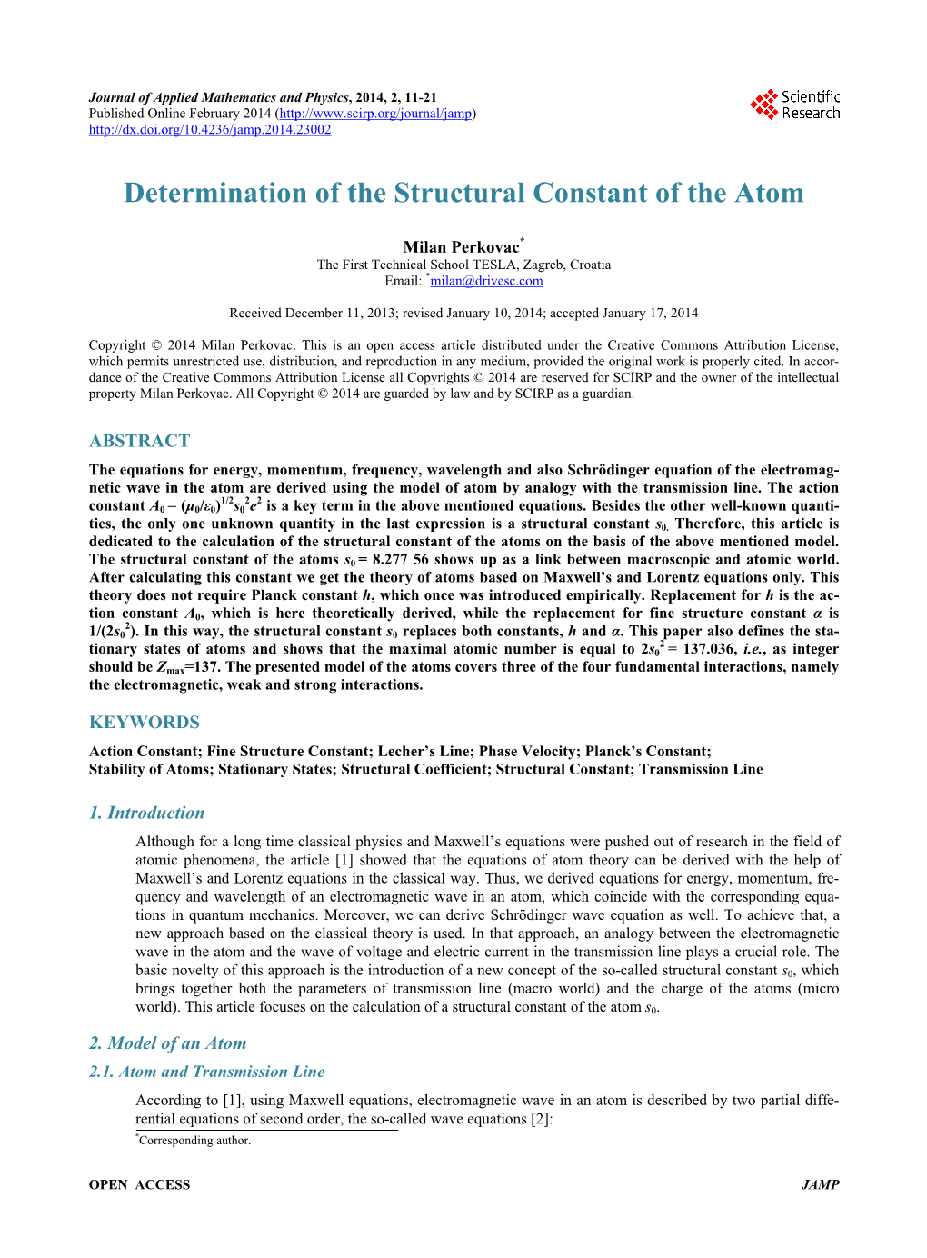 Determination of the Structural Constant of the Atom