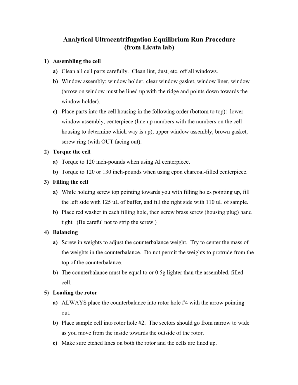 Analytical Ultracentrifugation Equilibrium Run Procedure