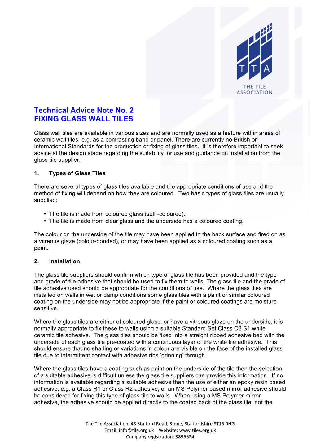 Technical Advice Note No. 2 FIXING GLASS WALL TILES