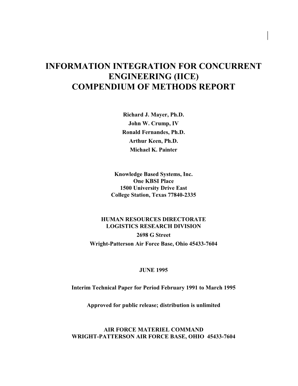 Information Integration for Concurrent Engineering (Iice) Compendium of Methods Report