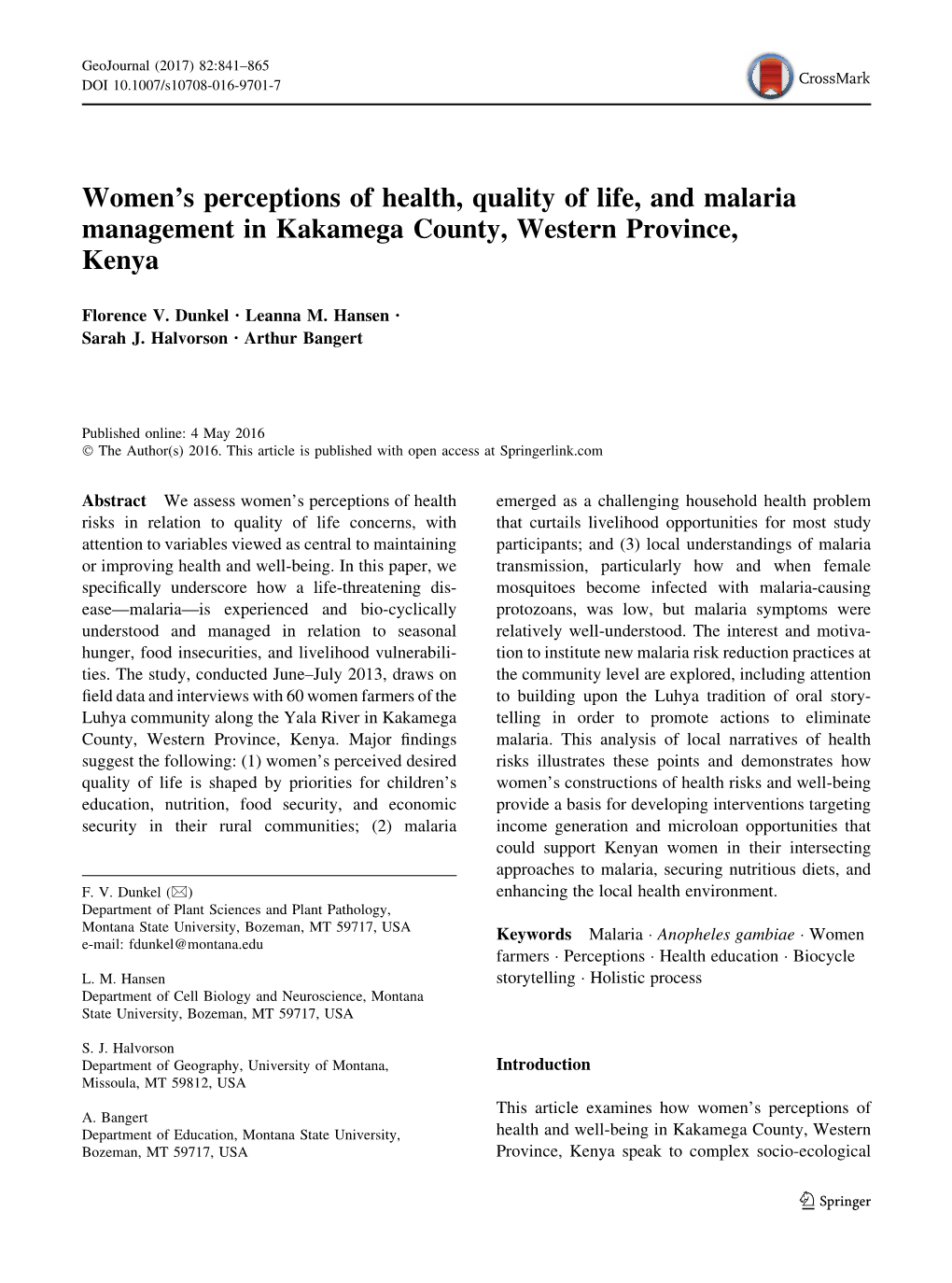 Women's Perceptions of Health, Quality of Life, and Malaria Management In