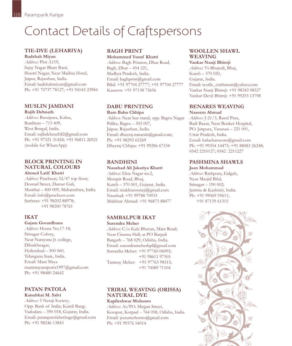 Contact Details of Craftspersons