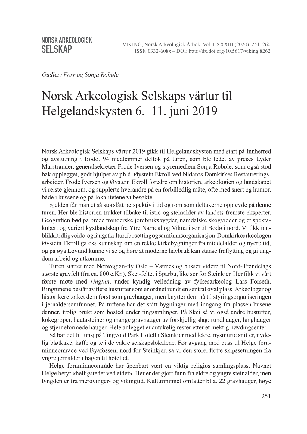Norsk Arkeologisk Selskaps Vårtur Til Helgelandskysten 6.–11. Juni 2019
