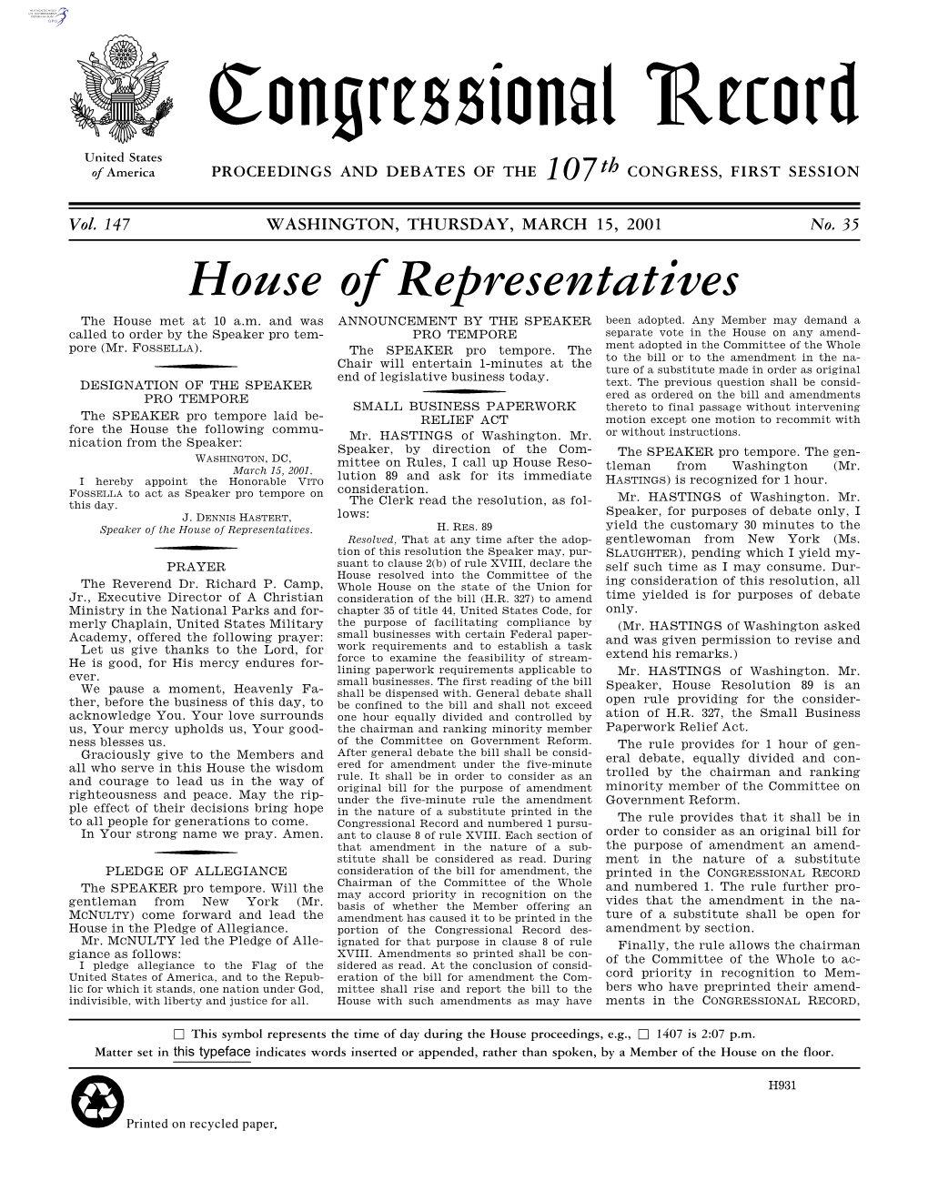 Congressional Record United States of America PROCEEDINGS and DEBATES of the 107Th CONGRESS, FIRST SESSION