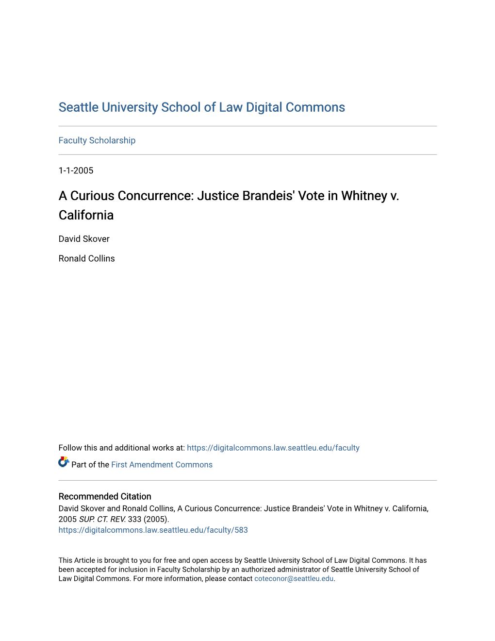 Justice Brandeis' Vote in Whitney V. California