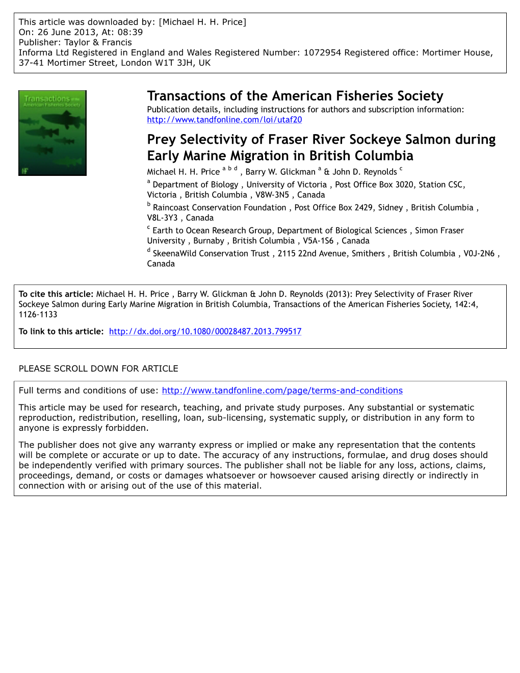 Prey Selectivity of Fraser River Sockeye Salmon During Early Marine Migration in British Columbia Michael H