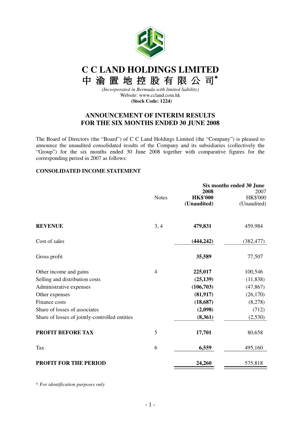 C C LAND HOLDINGS LIMITED 中 渝 置 地 控 股 有 限 公 司＊＊＊ (Incorporated in Bermuda with Limited Liability) Website: (Stock Code: 1224)