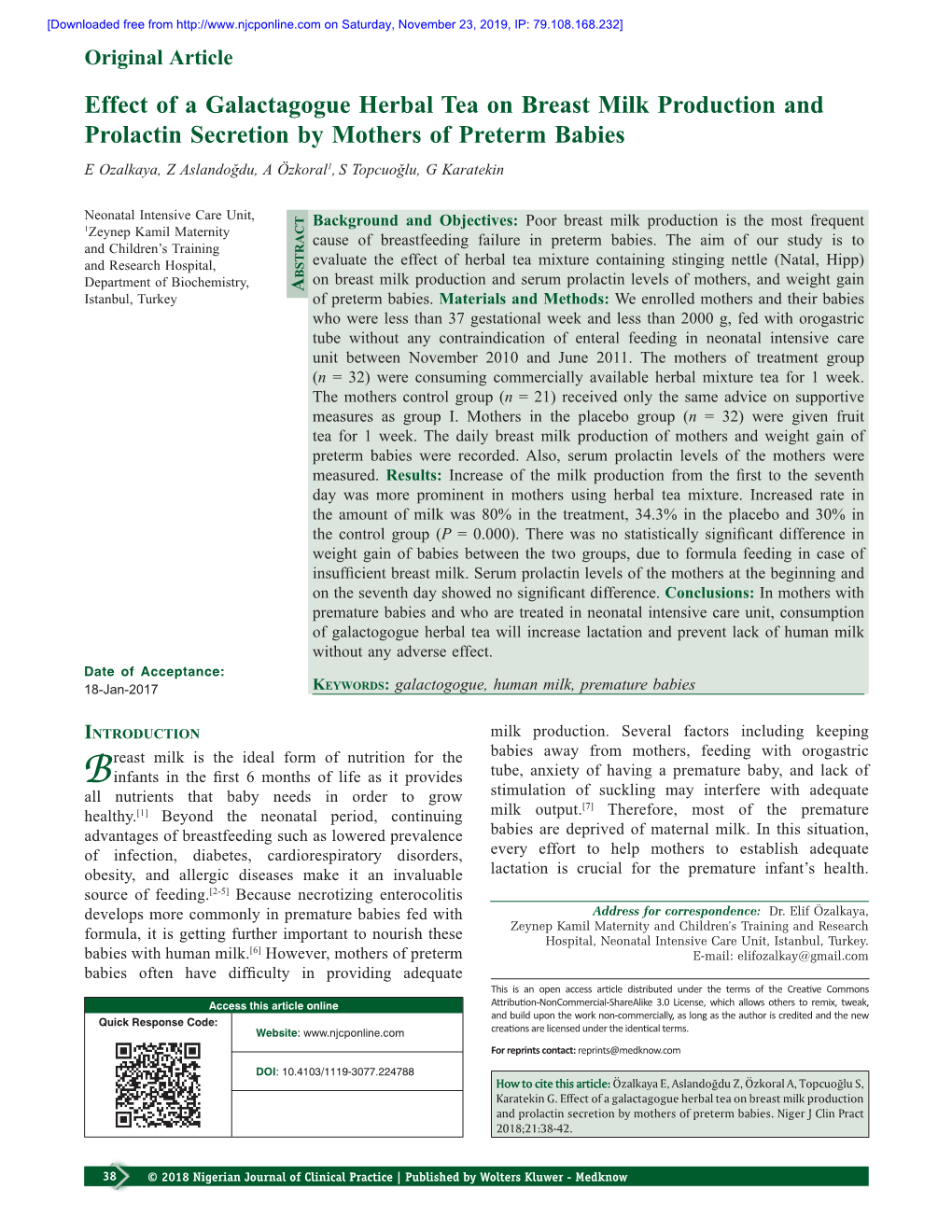 Effect of a Galactagogue Herbal Tea on Breast Milk Production And