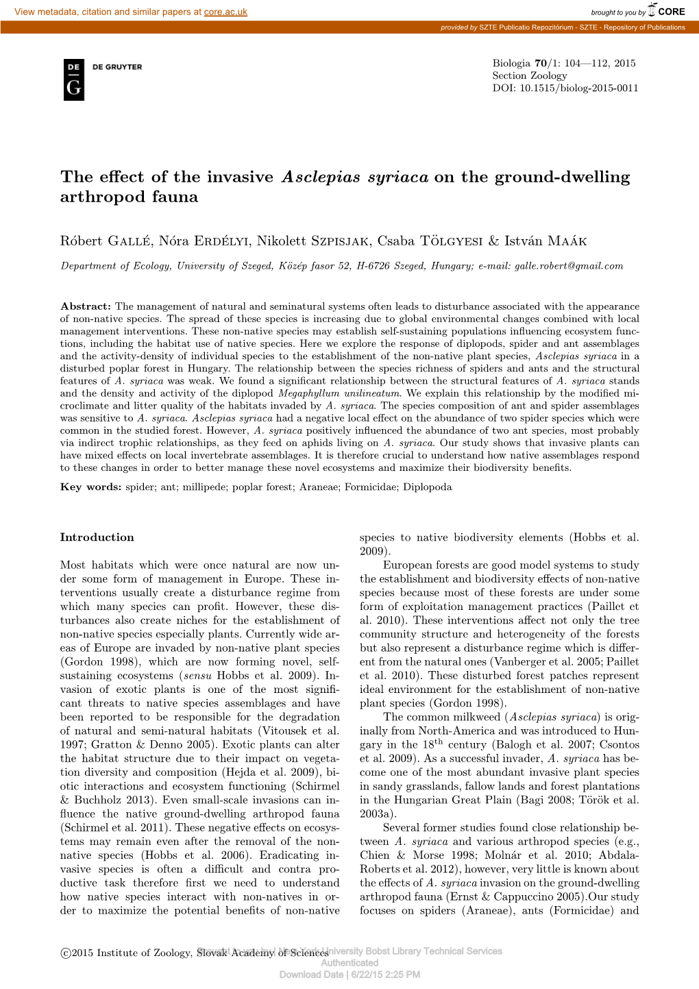 The Effect of the Invasive Asclepias Syriaca on the Ground-Dwelling