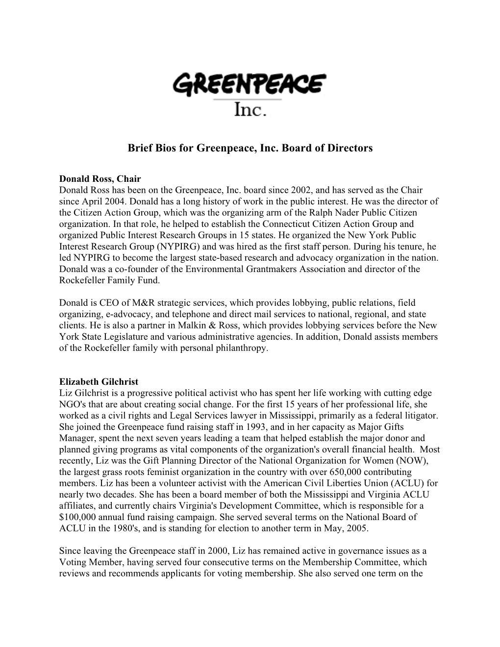 Brief Bios for Greenpeace, Inc 2009