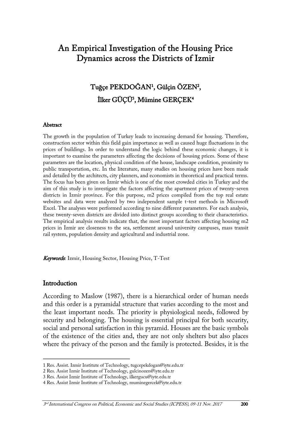 An Empirical Investigation of the Housing Price Dynamics Across the Districts of Izmir