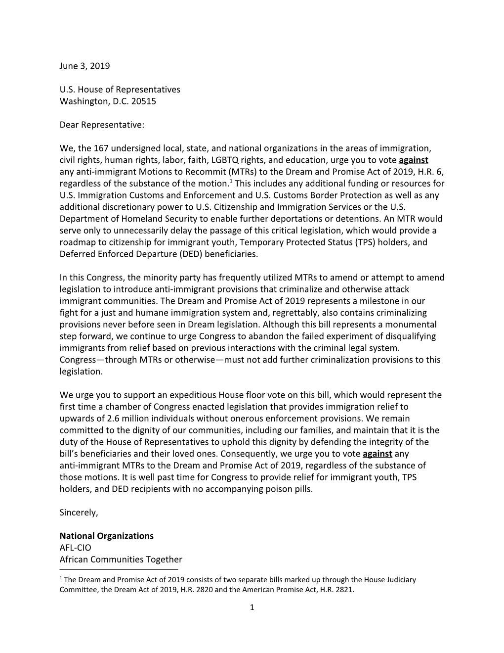 2019-06-03 Organizational Sign-On Letter Opposing Mtrs to Dream and Promise