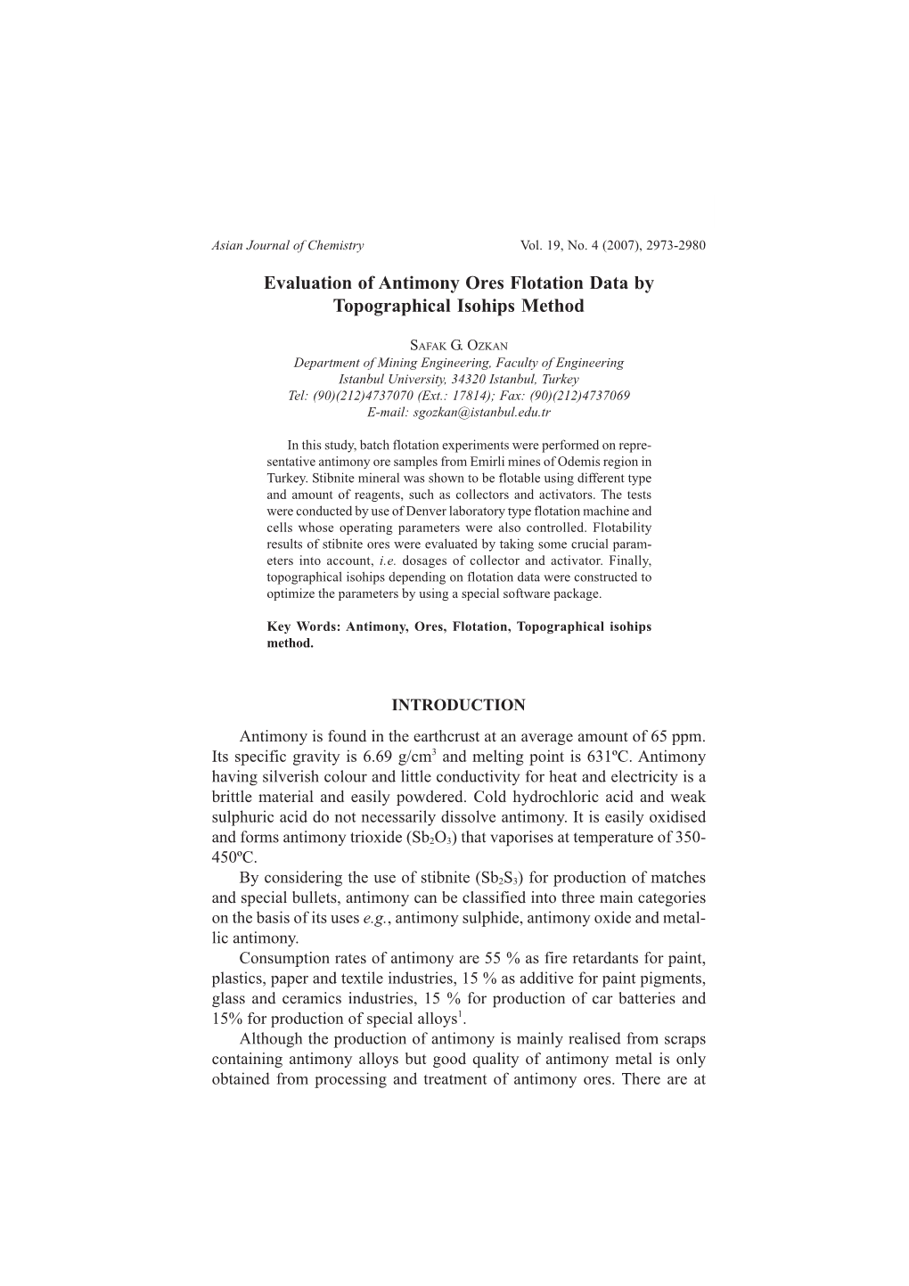 Evaluation of Antimony Ores Flotation Data by Topographical Isohips Method