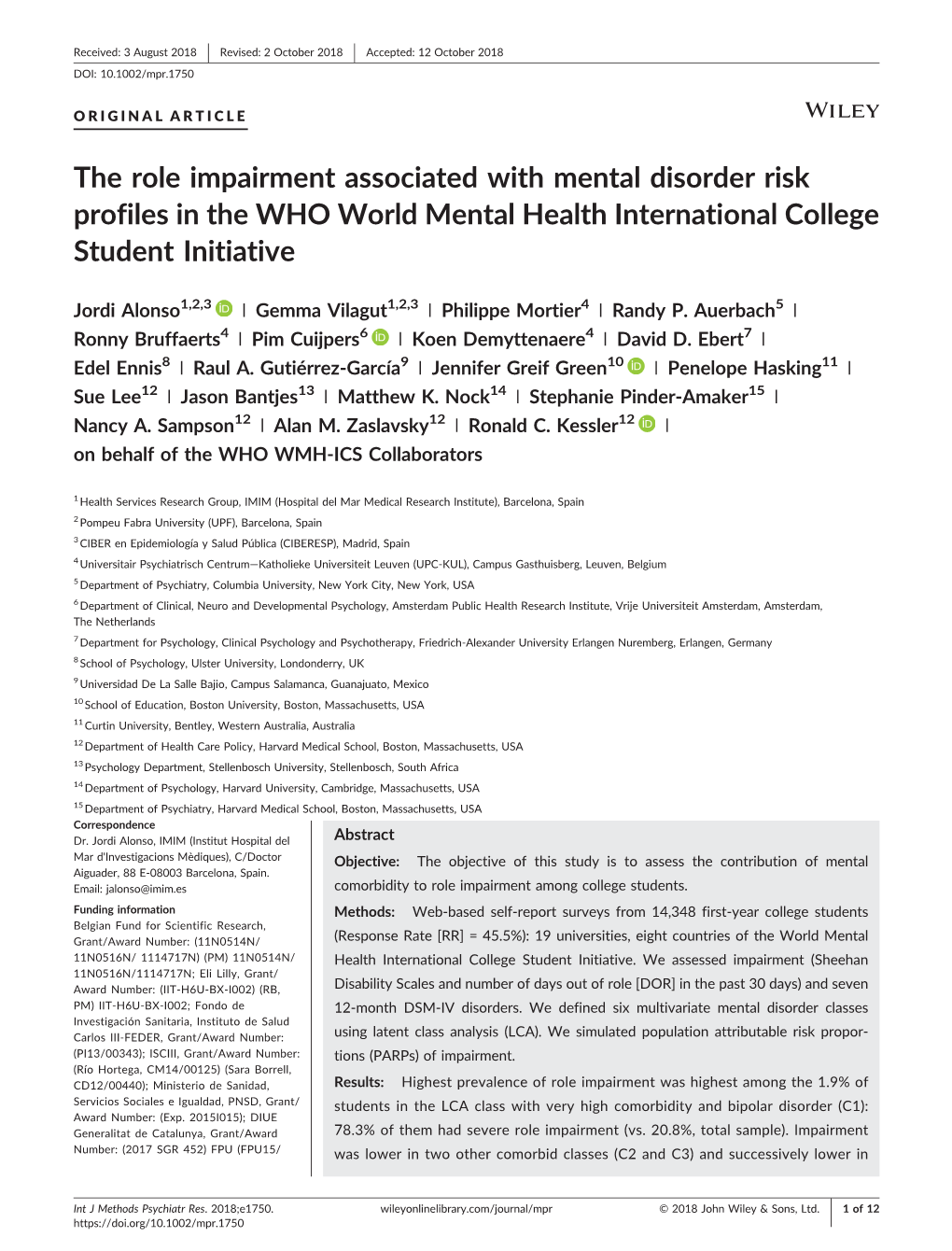 The Role Impairment Associated with Mental Disorder Risk Profiles in the WHO World Mental Health International College Student Initiative