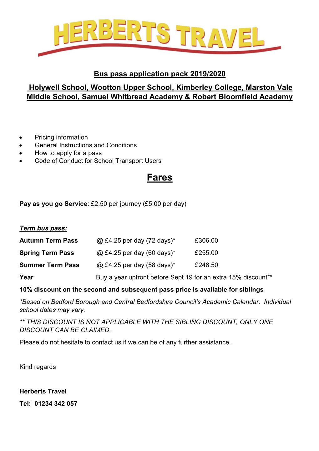 Bus Pass Application Pack 2019/2020 Holywell School, Wootton Upper