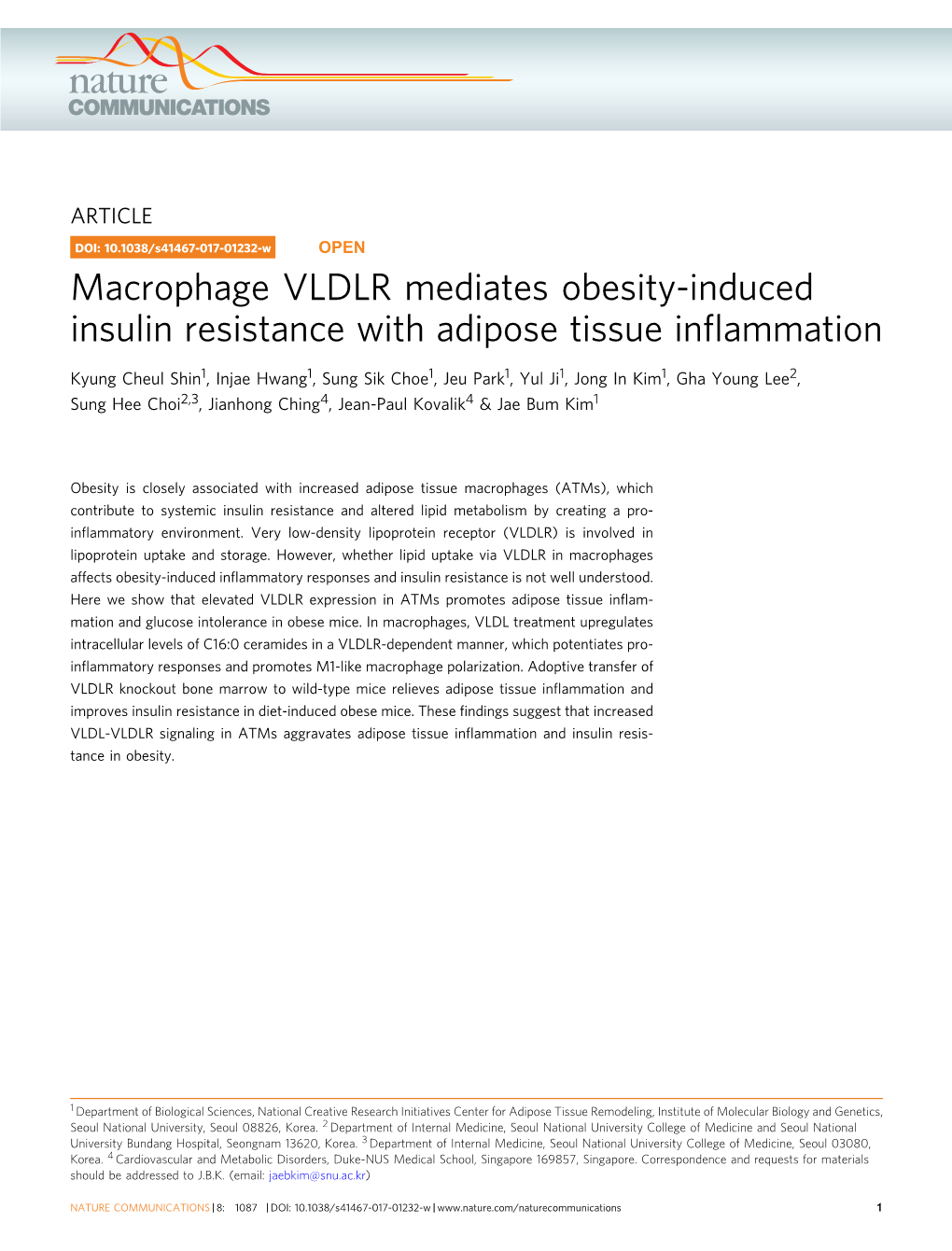 Macrophage VLDLR Mediates Obesity-Induced Insulin Resistance with Adipose Tissue Inﬂammation
