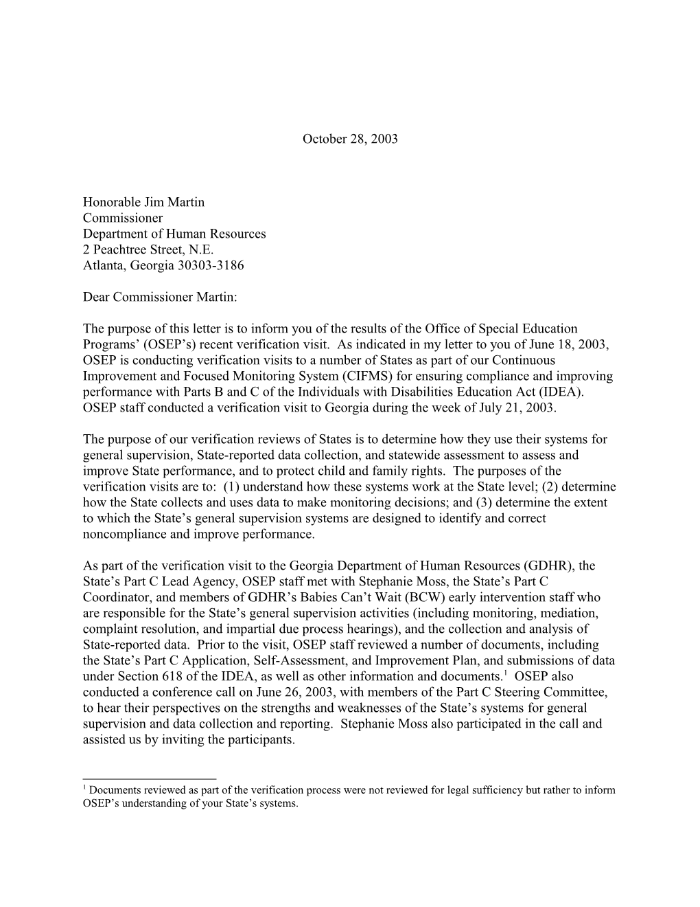 Georgia Part C Verification Letter for Grant Year 2003-2004 (MS Word)