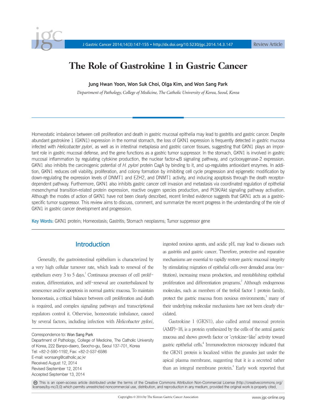 The Role of Gastrokine 1 in Gastric Cancer